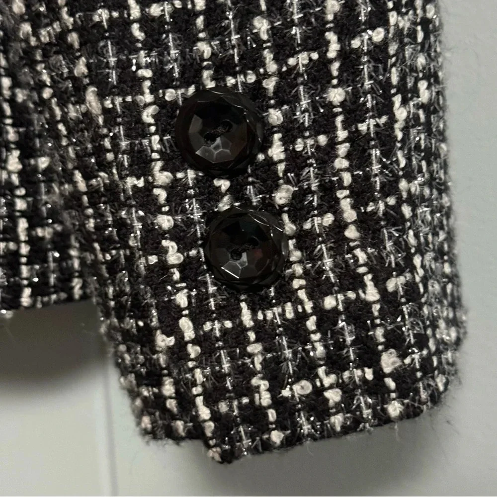 SAG HARBOR Black White Metallic Silver Woven Jacket / Blazer Sequin Trim Size 8